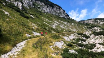 Zwei Wanderer in roten Shirts gehen einen schmalen Pfad durch eine grüne Berglandschaft mit blühenden Pflanzen.