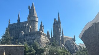 Ein beeindruckendes Schloss mit vielen Türmen und Zinnen, umgeben von Bäumen und einem klaren blauen Himmel.