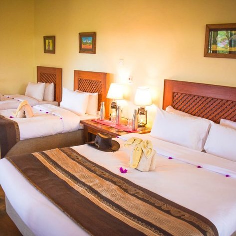 Ein helles Zimmer mit zwei Betten, dekoriert mit Handtüchern in Tierform und frischen Blüten auf den Bettdecken.