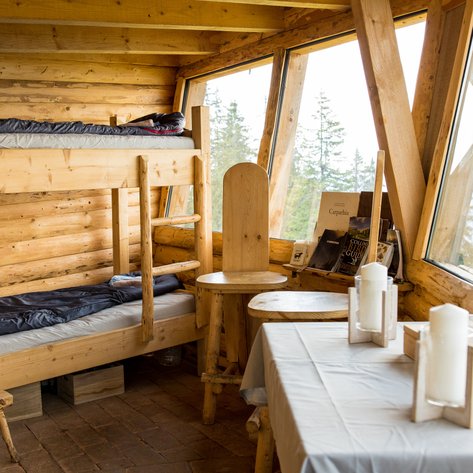 Ein gemütlicher Holzraum mit Etagenbetten, einem runden Tisch und großen Fenstern, die den Blick auf die Bäume freigeben.