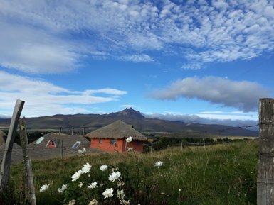 Eine malerische Landschaft mit einem strohgedeckten Haus und blühenden Blumen vor majestätischen Bergen unter einem blauen Himmel.