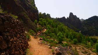 Ein schmaler Weg schlängelt sich durch eine grüne Landschaft, umgeben von hohen Felsen und steilen Hängen.