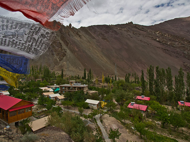 Bunte Gebetsfahnen wehen über einem malerischen Resort in Ladakh, umgeben von grünen Bäumen und majestätischen Bergen.