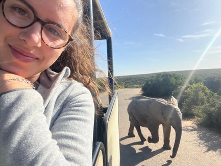 Teenager sitzt im Jeep während ein Elefant im Hintergrund im Addo Nationalpark zu sehen ist – Garden Route mit Kindern