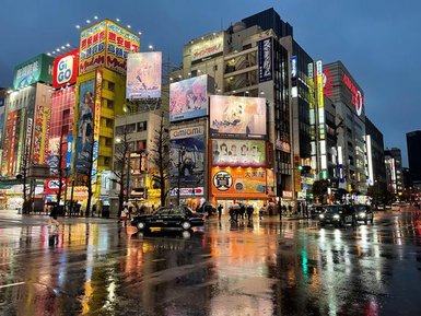 Bunte Neonlichter erhellen die Straßen von Akihabara, während Passanten durch den Regen schlendern und reflektierende Pfützen bilden.