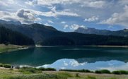 Ein ruhiger See spiegelt die umliegenden Berge und den blauen Himmel, umgeben von dichten Wäldern und sanften Wiesen.