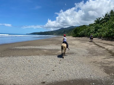 Mädchen genießt Reitausflug am Strand an der Nordpazifikküste Costa Ricas – Costa Rica Reise mit Kindern