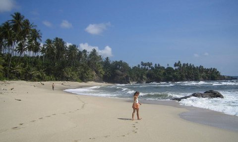 Ein Kind läuft barfuß am Strand entlang, während die Wellen sanft ans Ufer schlagen und Palmen im Hintergrund stehen.