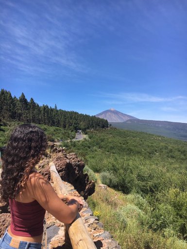 Eine Person mit lockigem Haar steht an einer Steinmauer und blickt auf die grüne Landschaft und den Teide-Vulkan im Hintergrund.