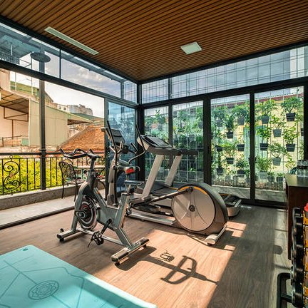 Ein heller Fitnessraum mit großen Fenstern, ausgestattet mit einem Laufband und einem Spinning-Bike, umgeben von Pflanzen.