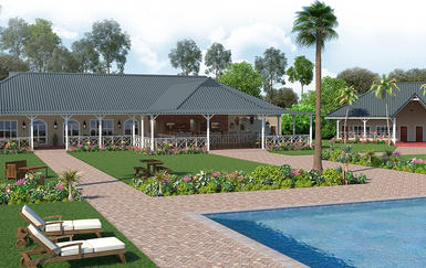 Ein einladendes Lodge-Gebäude mit einem großen Veranda, umgeben von üppigem Grün und bunten Blumenbeeten.