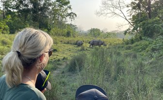 Eine Person mit blonden Haaren beobachtet zwei Nashörner in der Wildnis des Chitwan-Nationalparks in Nepal.