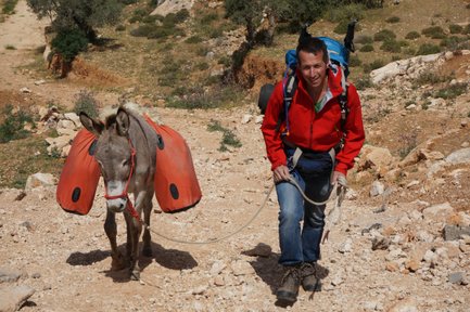 Ein Wanderer mit einem Rucksack führt einen Esel mit orangefarbenen Packtaschen auf einem steinigen Pfad bergauf.