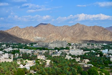 Aussicht auf Palmen und Häuser vom Bahla Fort im Oman – Oman mit Kindern