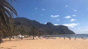 Ein sonniger Strand mit goldfarbenem Sand, umgeben von Palmen und majestätischen Bergen im Hintergrund.