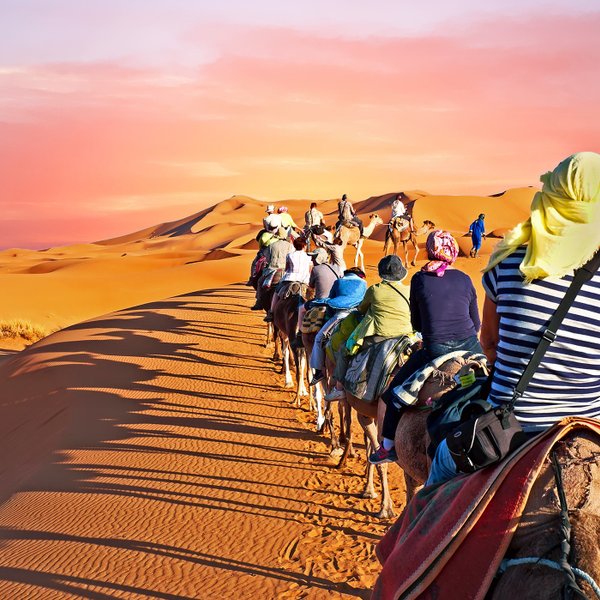 Karawane aus Kamelen und Reisenden zieht durch die Sanddünen der Sahara – Marokko Reise mit Kindern