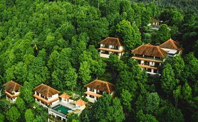 Eine Luftaufnahme zeigt mehrere Villen, umgeben von üppigem, grünem Wald, die Ruhe und Naturverbundenheit ausstrahlen.