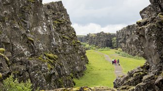 Eine Gruppe von Wanderern erkundet den malerischen Almannagjá-Spalt, umgeben von beeindruckenden, moosbedeckten Felsen.
