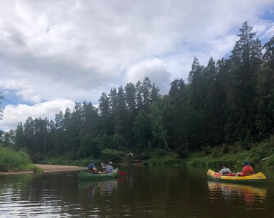 Zwei Kanus gleiten ruhig auf einem Fluss, umgeben von üppigem Grün und bewölktem Himmel, während die Teilnehmer paddeln.