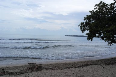 Weißer Sandstrand mit schattenspendenden Bäumen im Cahuita Nationalpark – Costa Rica Reise mit Kindern