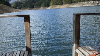 Ein Blick von einem Holzsteg auf einen ruhigen See, umgeben von bewaldeten Hügeln und einem klaren blauen Himmel.