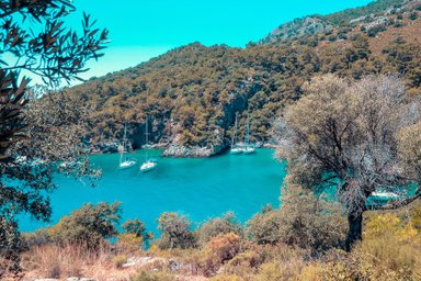Eine ruhige Bucht in der Türkei, umgeben von üppigem Grün und mehreren Segelbooten, die sanft im Wasser schaukeln.