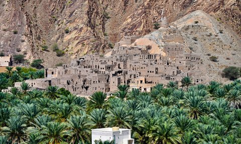 Palmen und Felsenhäuser im Dorf Birkat Al Mauz – Oman Reise mit Kindern