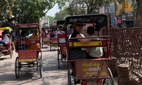 Eine belebte Straße in Delhi, gesäumt von Rikschas, die Passagiere durch die schattigen Bäume transportieren.