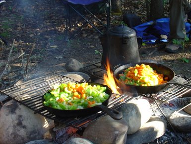 Zwei Pfannen mit buntem Gemüse, darunter Karotten und Sellerie, brutzeln über einem Lagerfeuer in der Natur.