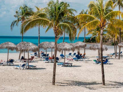 Ein sonniger Strand mit Palmen und Liegen, wo Menschen entspannt unter Strohdächern liegen und die Aussicht genießen.