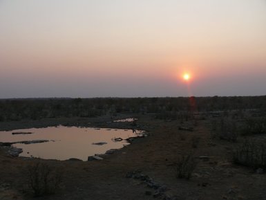 Die Sonne verschwindet hinter dem Horizont am Moringa Wasserloch - Namibia mit Kindern