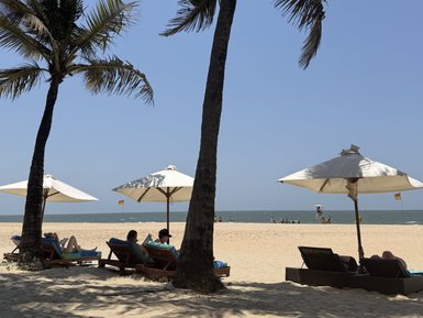 Am Strand von Goa entspannen Menschen auf Liegen unter Sonnenschirmen, umgeben von Palmen und dem blauen Himmel.