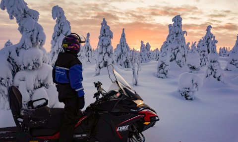 Ein Schneemobilfahrer steht in einer verschneiten Landschaft, umgeben von schneebedeckten Bäumen und einem farbenfrohen Sonnenuntergang.
