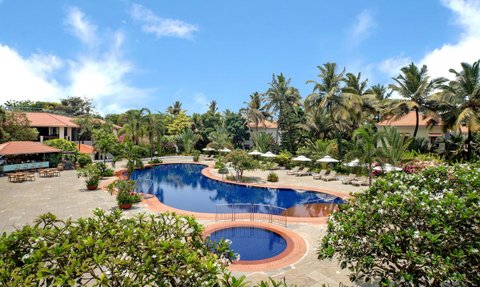 Ein weitläufiger Pool umgeben von üppigem Grün und Palmen, ideal für entspannende Tage in Goa.