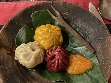 Ein rustikeller Teller mit bunten Momos, umgeben von grünen Blättern und einer kleinen Gabel aus Holz.