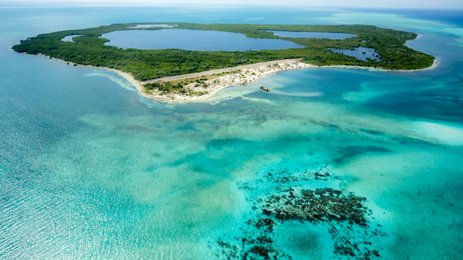 Eine atemberaubende Luftaufnahme einer tropischen Insel mit üppigem Grün und klarem, türkisfarbenem Wasser umgeben.