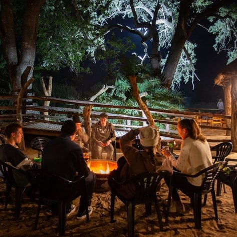 Eine Gruppe von Menschen sitzt um ein Lagerfeuer, umgeben von Bäumen und einer gemütlichen Atmosphäre in der Nacht.