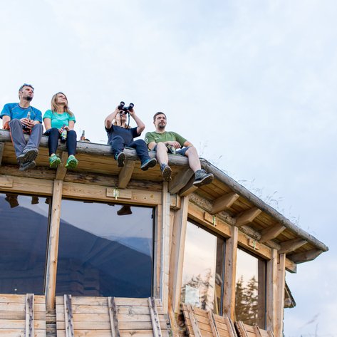 Vier Personen sitzen auf dem Dach einer Holzhütte und genießen die Aussicht, während sie Getränke in der Hand halten.