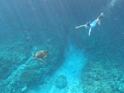 Kind beobachtet beim Schnorcheln eine Schildkröte unter Wasser – Bali Reise mit Kindern