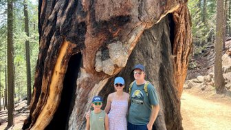 Eine Familie steht vor einem riesigen Baumstamm im Yosemite-Nationalpark, umgeben von hohen Bäumen und natürlicher Schönheit.