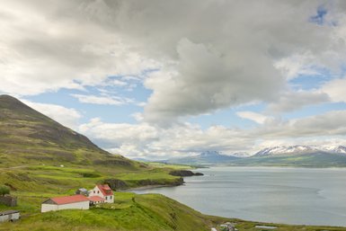 Eine malerische Landschaft mit einem roten Dachhaus, umgeben von grünen Hügeln und einem ruhigen Fjord im Hintergrund.