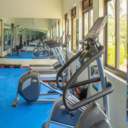 Ein modernes Fitnessstudio mit blauen Böden, ausgestattet mit verschiedenen Trainingsgeräten und großen Fenstern für Tageslicht.