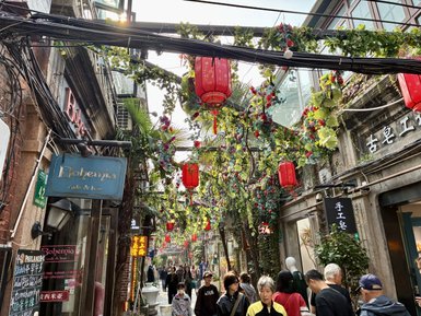 Eine belebte Straße im Künstlerviertel von Shanghai, geschmückt mit roten Laternen und üppigem Grün.