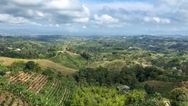 Eine weite Landschaft mit sanften Hügeln, üppigem Grün und verstreuten Häusern unter einem bewölkten Himmel.