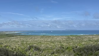 Ein weitläufiger Blick auf eine grüne Landschaft, die sanft zum blauen Ozean hin abfällt, unter einem klaren Himmel.