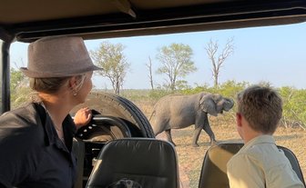 Mutter und Sohn sitzen im Safari-Jeep und beobachten gemeinsam Tiere in der Savanne – Südafrika Familienreise