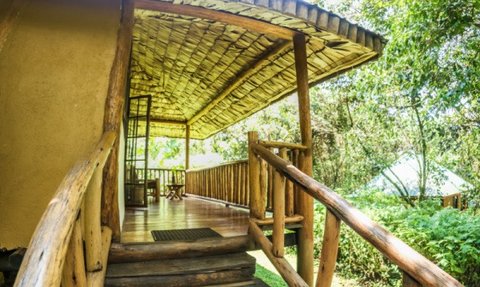 Eine einladende Veranda mit Holzgeländer und einem Blick auf die üppige grüne Umgebung, ideal für Entspannung.