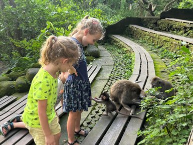 Kinder beobachten und interagieren mit Affen im Sacred Monkey Forest Sanctuary – Bali Familienreise