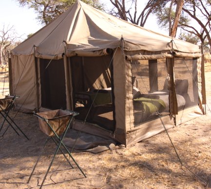 Ein geräumiges Zelt in der afrikanischen Savanne, umgeben von Bäumen und trockenem Gras, bietet einen Blick auf gemütliche Betten.