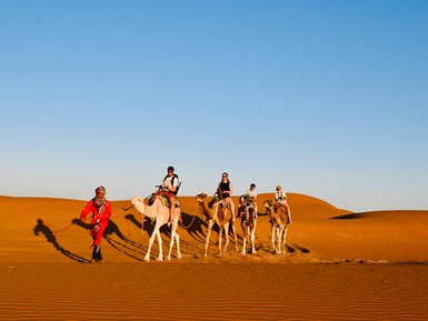 Familie zieht gemeinsam mit einer Kamelkarawane durch die Wüstenlandschaft der Sahara – Familienreise nach Marokko